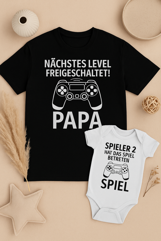 Set Vater & Baby 🎮Lustiges T-Shirt & Babybody aus 100 % Baumwolle