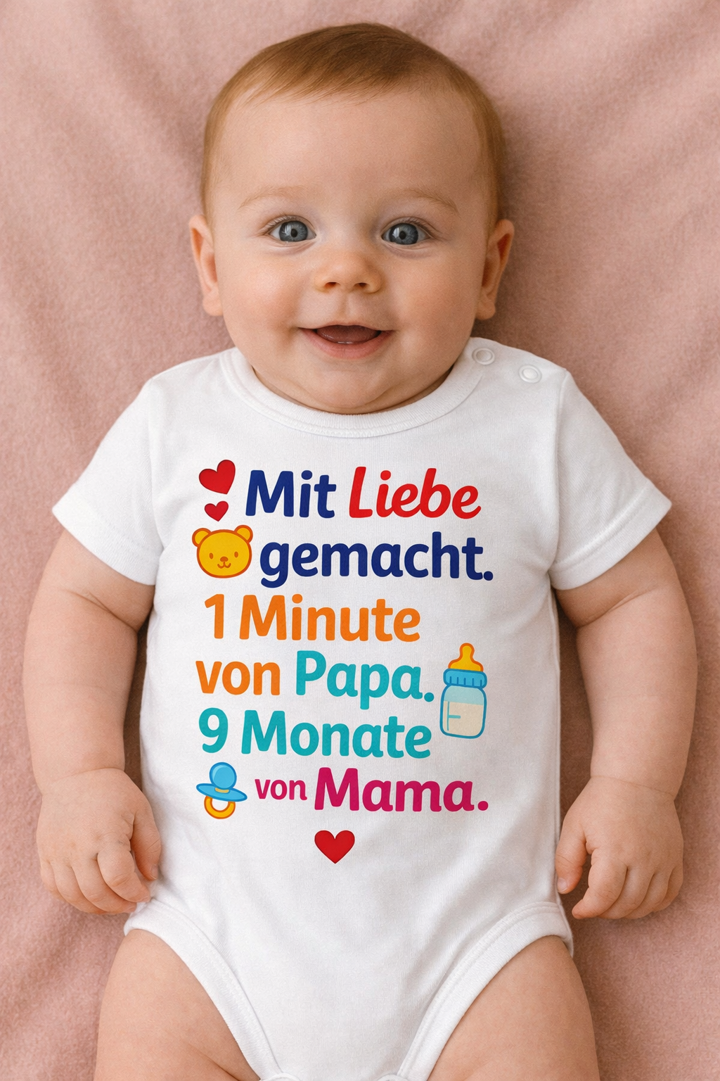 Babybody „Mit Liebe, gemacht. 1 Minute von Papa, 9 Monate von Mama.” – Süßer Strampler aus 100% Baumwolle