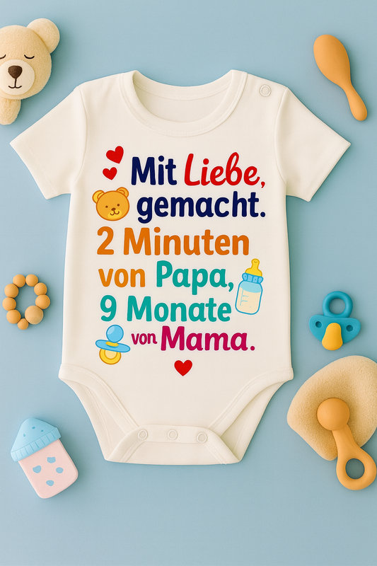 Babybody „Mit Liebe, gemacht. 2 Minuten von Papa, 9 Monate von Mama.” – Süßer Strampler aus 100% Baumwolle