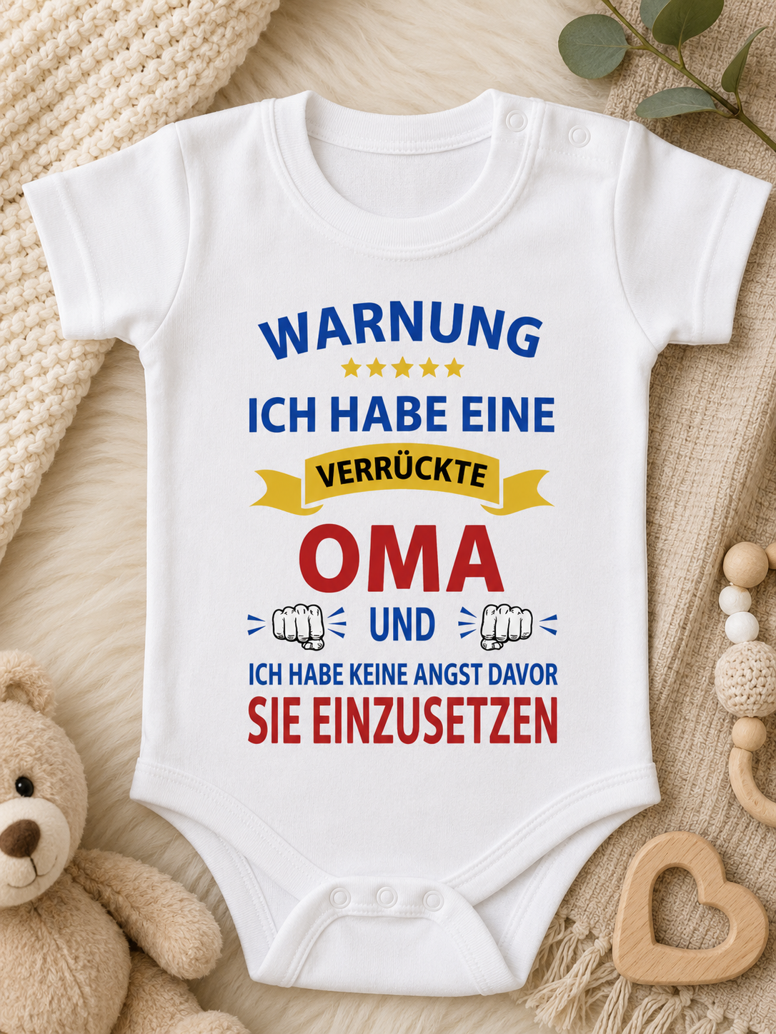 Babybody „Warnung: Ich habe eine verrückte Oma und ich habe keine Angst davor, sie einzusetzen” – Süßer Strampler aus 100 % Baumwolle