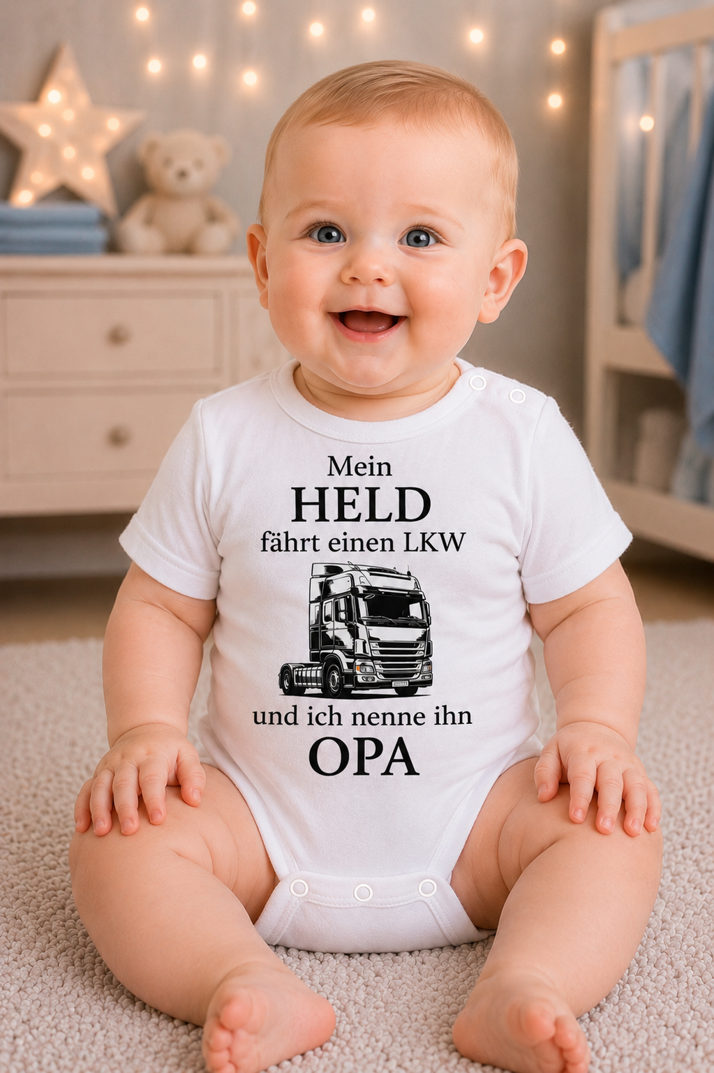 Babybody „Mein Held fährt einen LKW und ich nenne ihn Opa” – Lustiger Strampler aus 100% Baumwolle