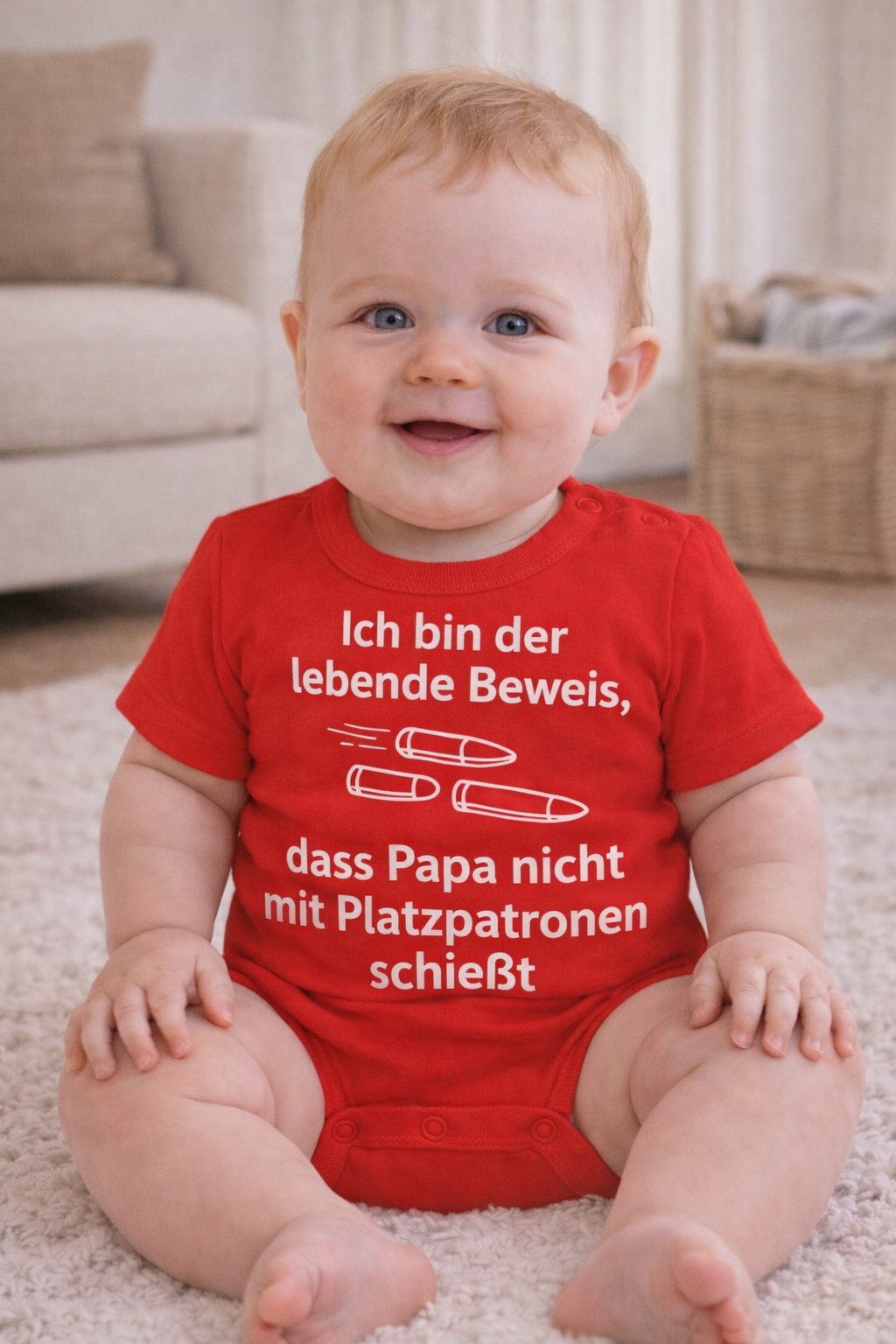 Babybody „Ich bin der lebende Beweis, dass Papa nicht mit Platzpatronen schießt” – Süßer Strampler aus 100% Baumwolle