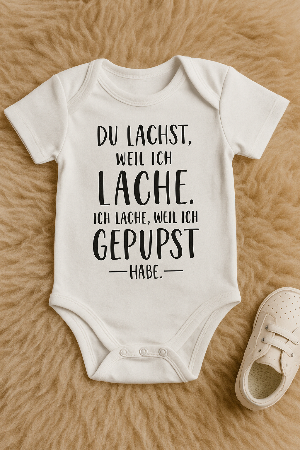 Babybody  “DU LACHST, WEIL ICH LACHE. ICH LACHE, WEIL ICH GEPUPST - HABE.“ – Lustiger Babybody aus 100 % Baumwolle