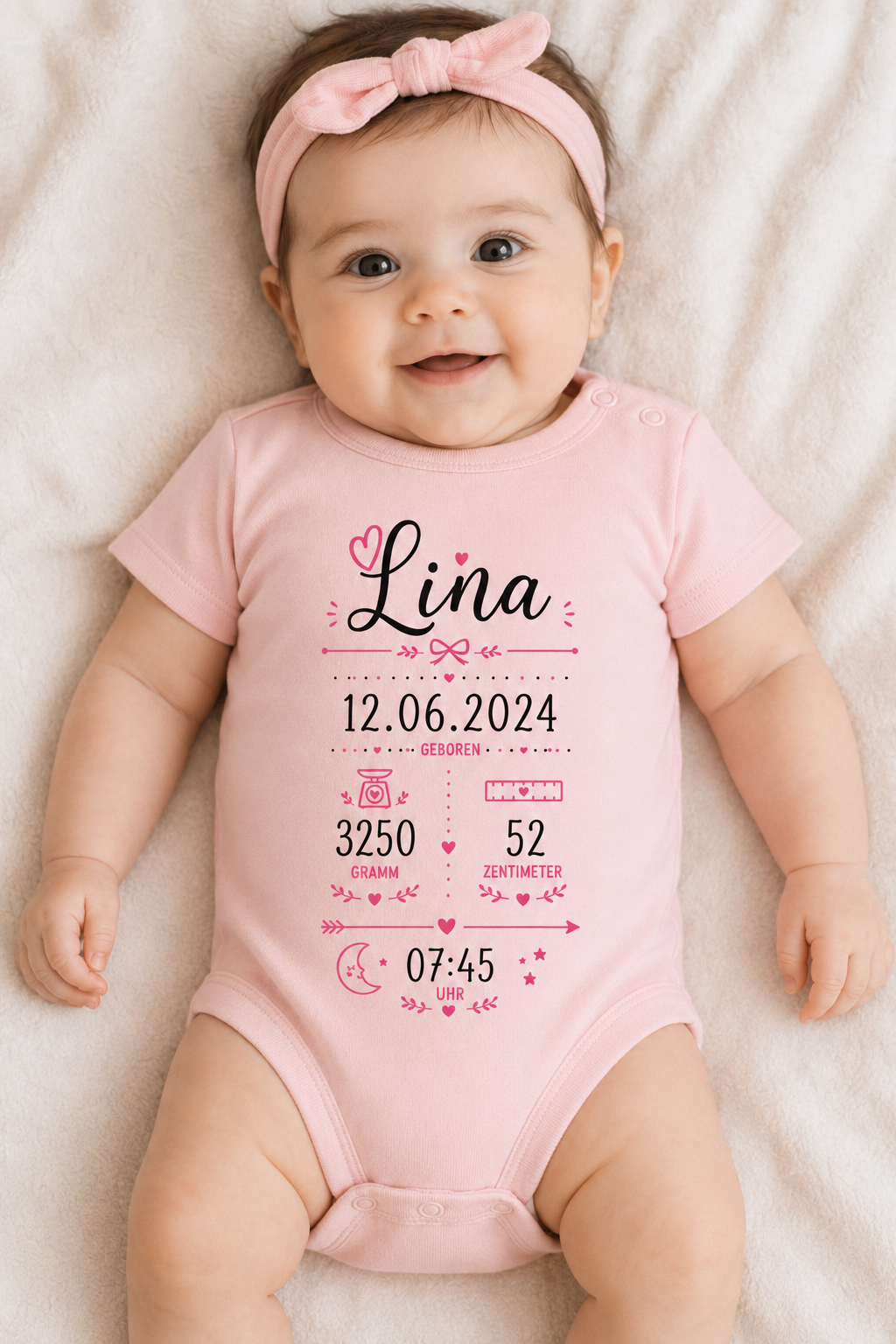 Personalisierter Babybody mit Geburtsdaten, Name und liebevollem Design