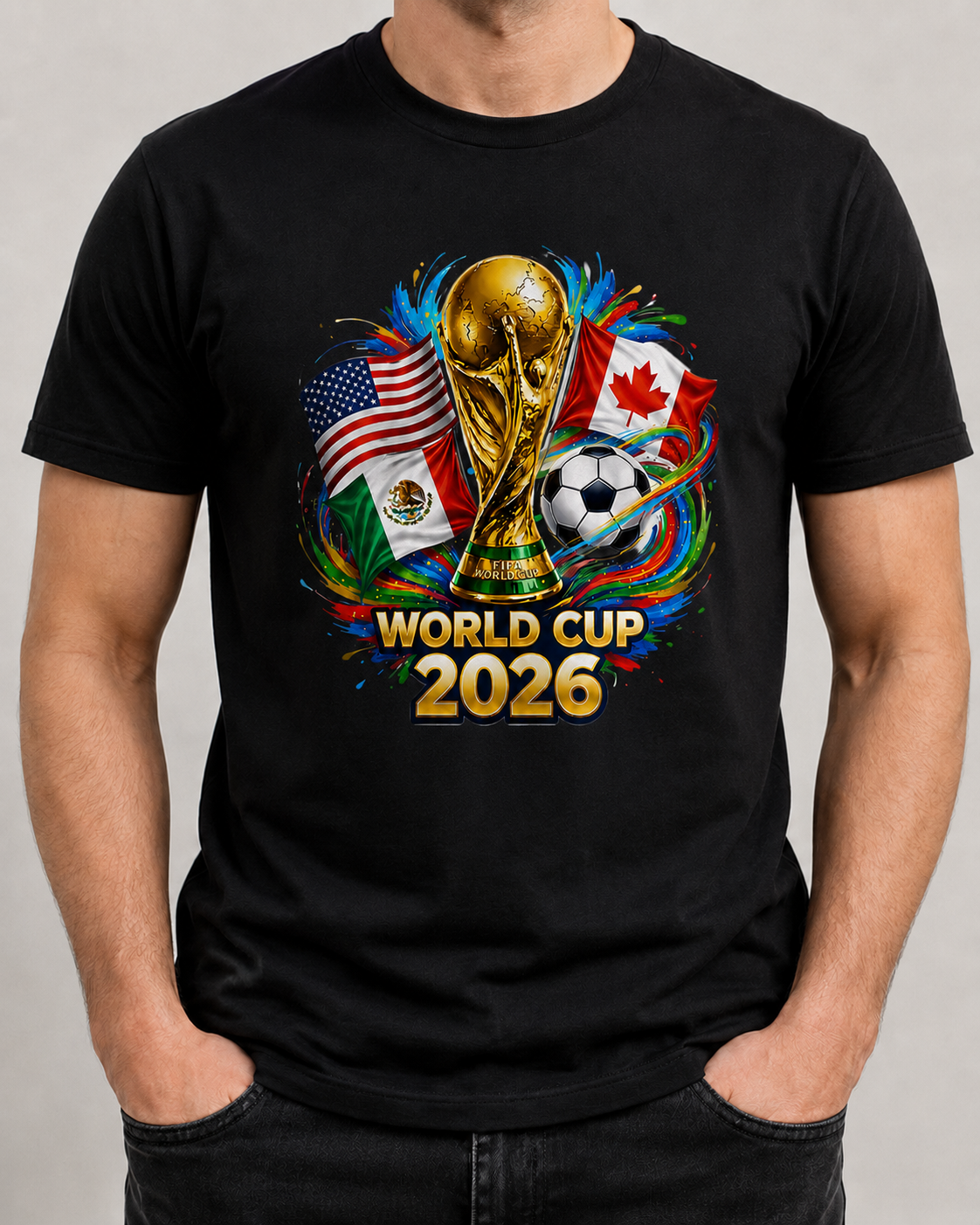 World Cup 2026 T-Shirt aus 100 % Baumwolle mit Pokal, Fußball und Flaggen USA, Mexiko, Kanada