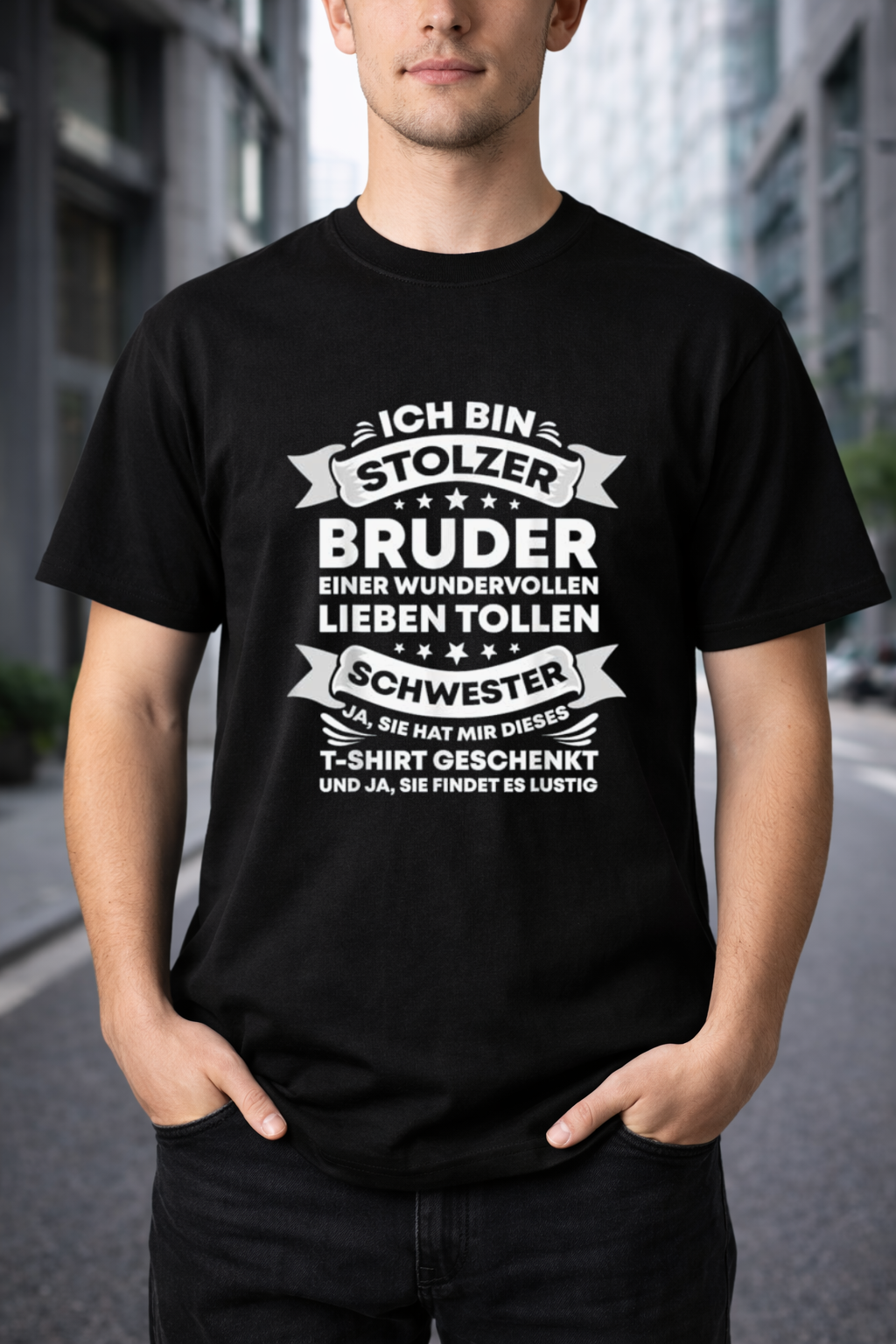 Herren T-Shirt „Ich bin stolzer Bruder einer wundervollen Schwester” – 100 % Baumwolle