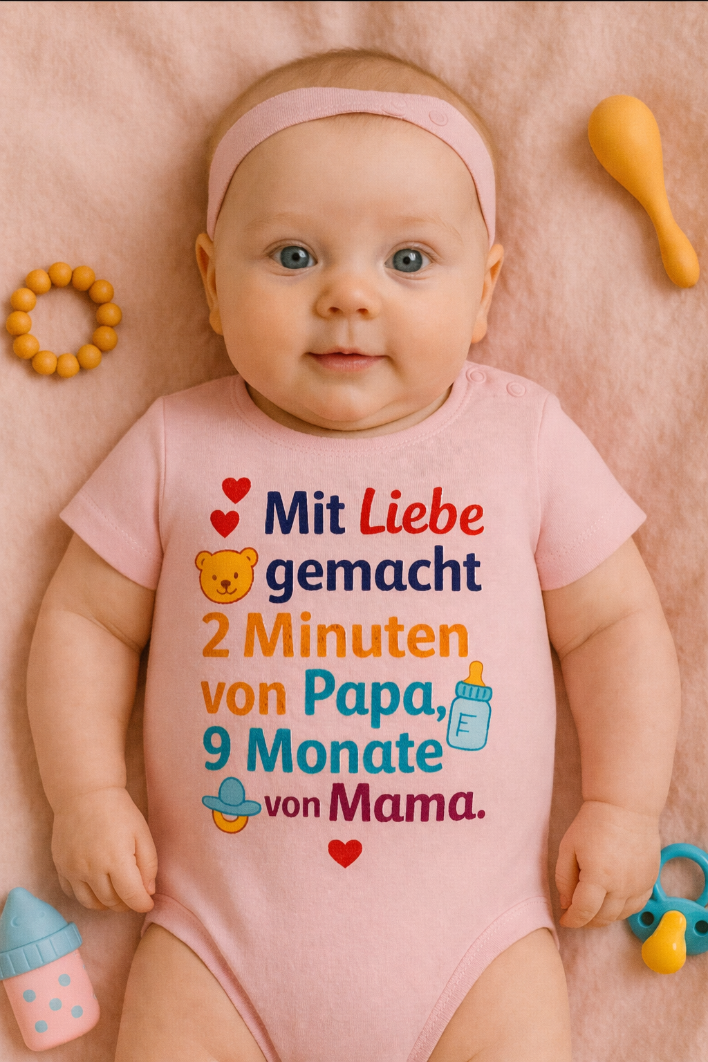 Babybody „Mit Liebe, gemacht. 2 Minuten von Papa, 9 Monate von Mama.” – Süßer Strampler aus 100% Baumwolle