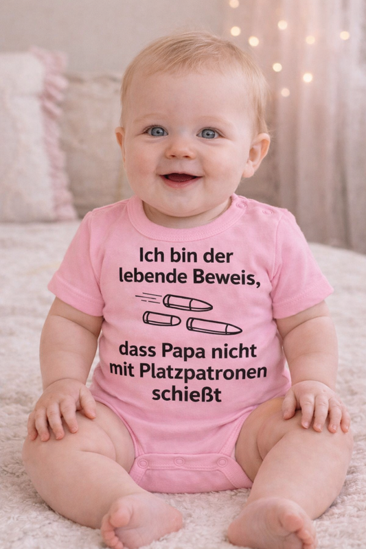 Babybody „Ich bin der lebende Beweis, dass Papa nicht mit Platzpatronen schießt” – Süßer Strampler aus 100% Baumwolle