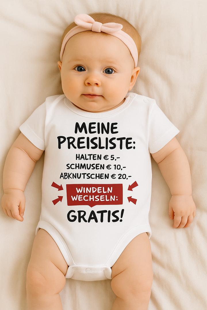Babybody „MEINE PREISLISTE:“ | Süßer Strampler | Geschenk zur Geburt & Babyshower | 100% Baumwolle | Personalisiert
