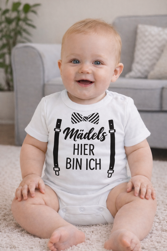 Babybody „Mädels, hier bin ich“ – Lustiger Strampler für Jungen aus 100% Baumwolle