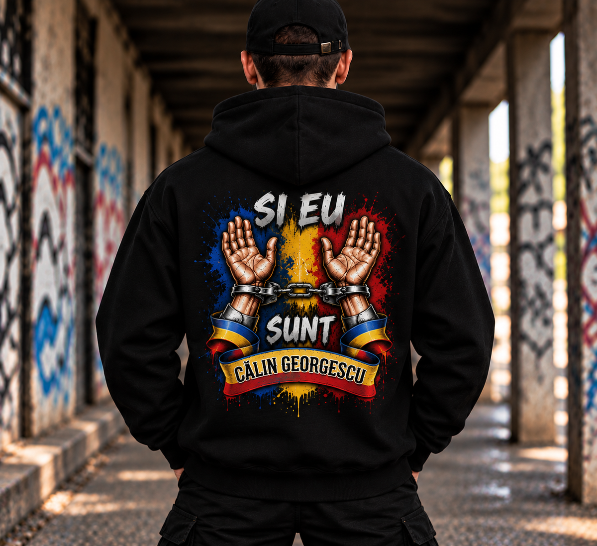Hanorac „Și Eu Sunt Călin Georgescu” Alb | Design Tricolor România | Streetwear Românesc