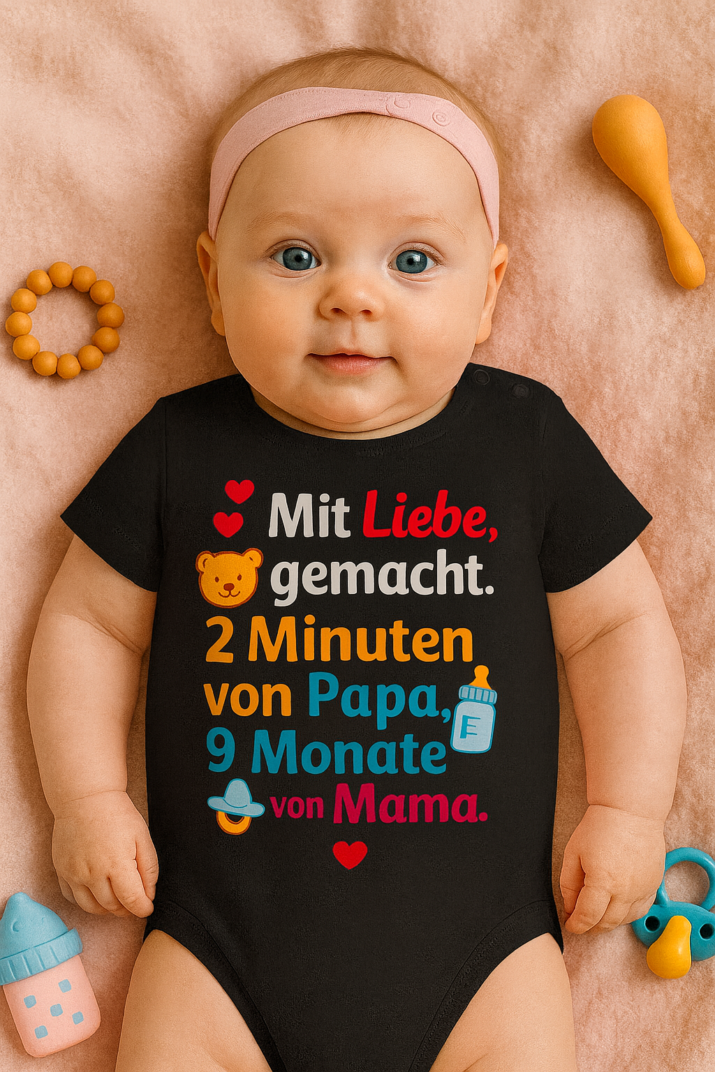 Babybody „Mit Liebe, gemacht. 2 Minuten von Papa, 9 Monate von Mama.” – Süßer Strampler aus 100% Baumwolle