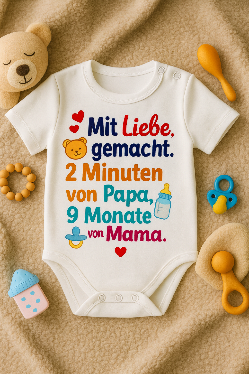 Babybody „Mit Liebe, gemacht. 2 Minuten von Papa, 9 Monate von Mama.” – Süßer Strampler aus 100% Baumwolle