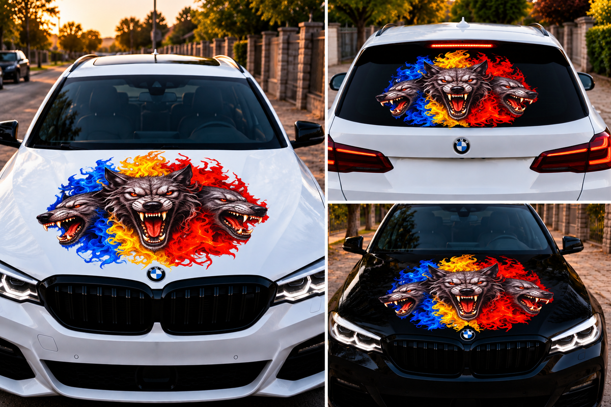 Sticker Auto România – Trei Lupi cu Flăcări Tricolore | Capotă și Lunetă