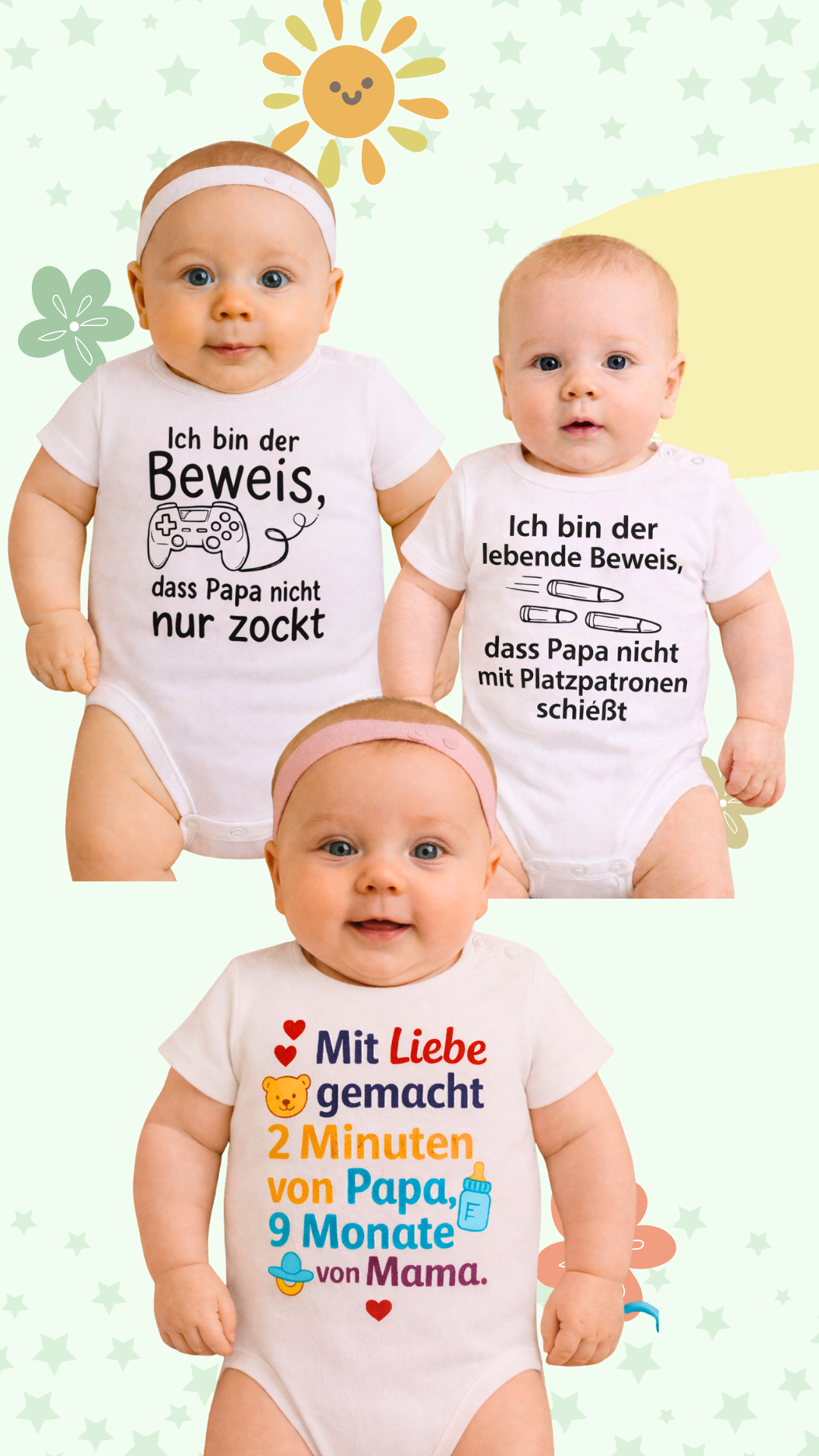 3er Set Babybodys mit lustigen Sprüchen – 100 % Baumwolle, Geschenk zur Geburt