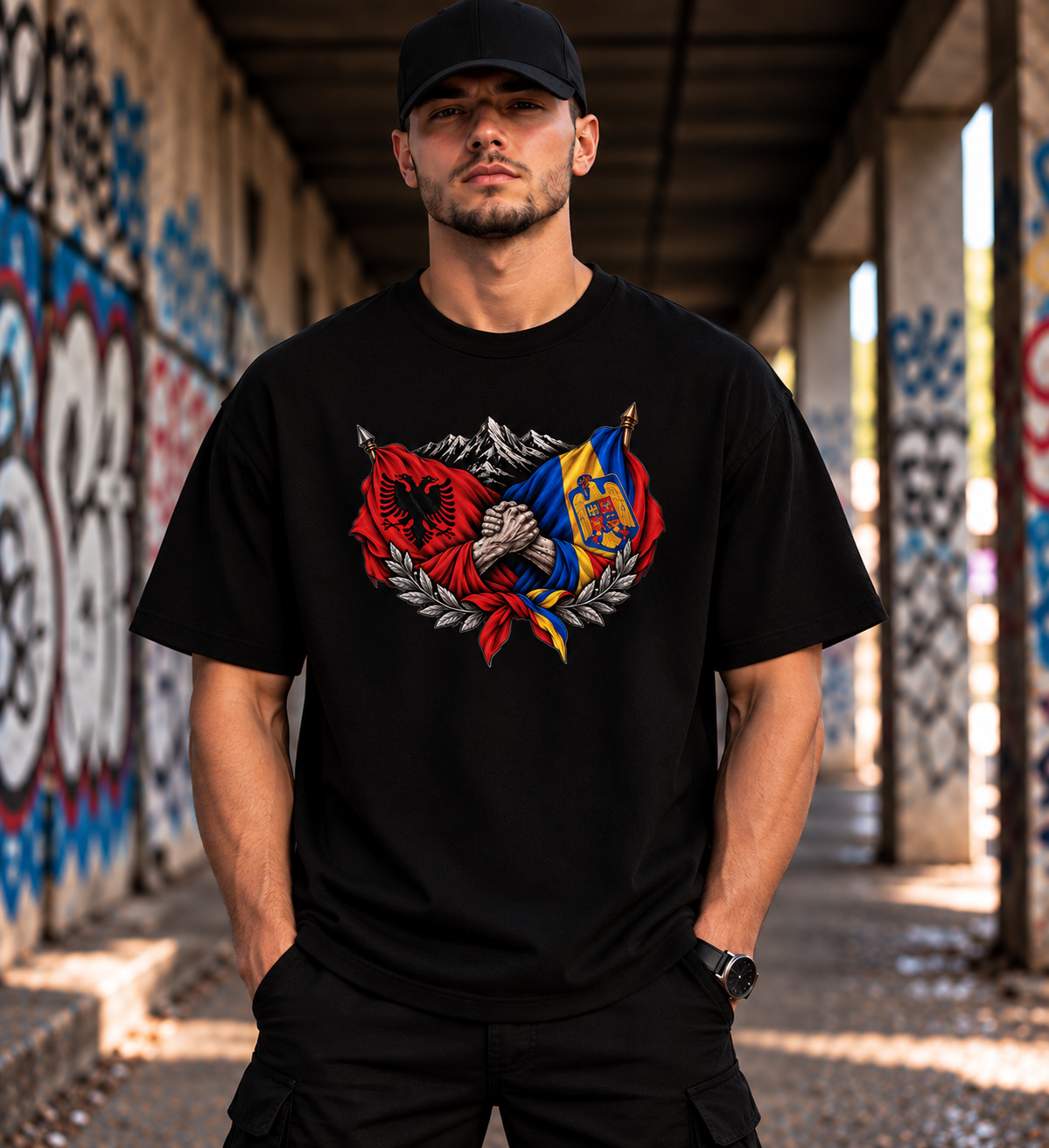 Tricou România și Albania „Două Națiuni, O Legătură” – 100% Bumbac, Regular sau Oversize