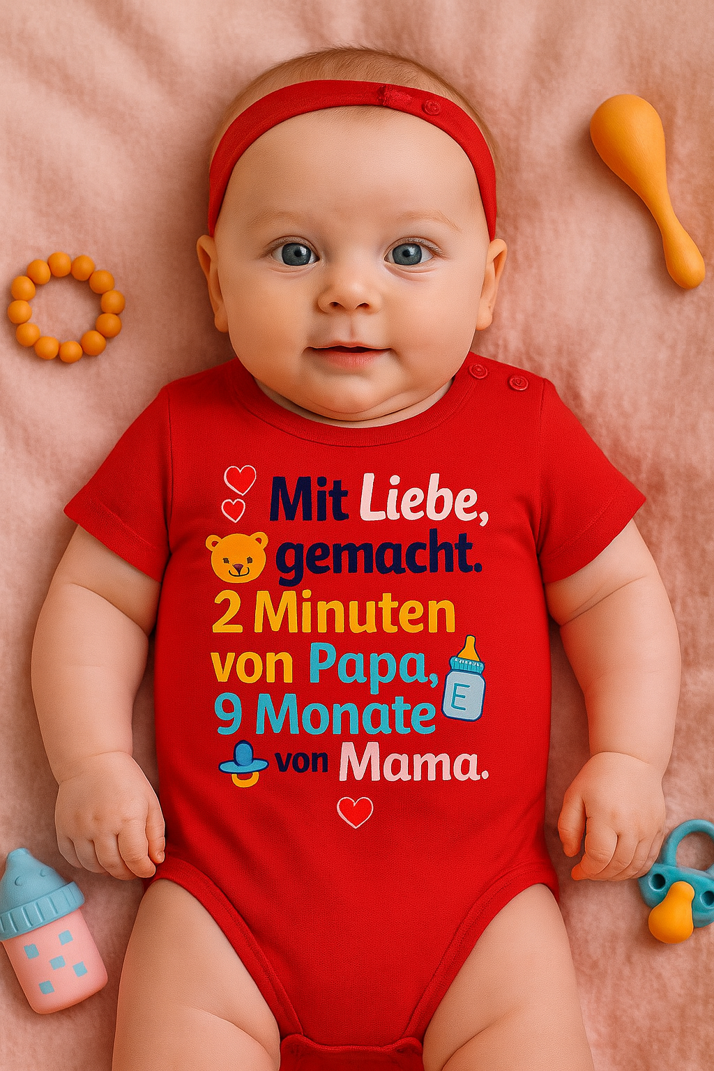Babybody „Mit Liebe, gemacht. 2 Minuten von Papa, 9 Monate von Mama.” – Süßer Strampler aus 100% Baumwolle
