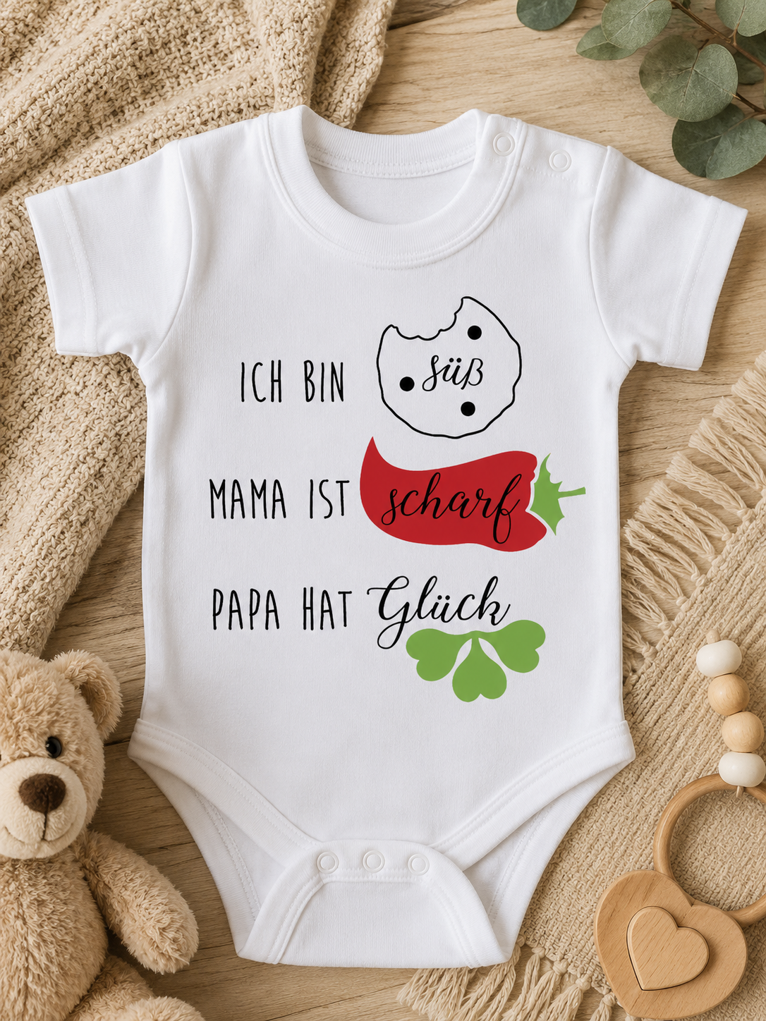 Babybody „Ich bin süß, Mama ist scharf, Papa hat Glück” – Süßer Strampler aus 100 % Baumwolle