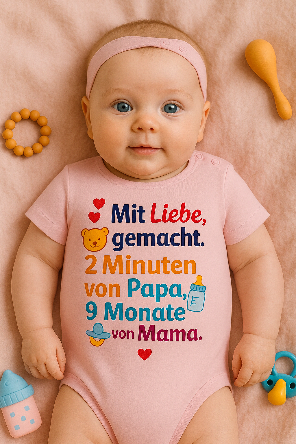 Babybody „Mit Liebe, gemacht. 2 Minuten von Papa, 9 Monate von Mama.” – Süßer Strampler aus 100% Baumwolle