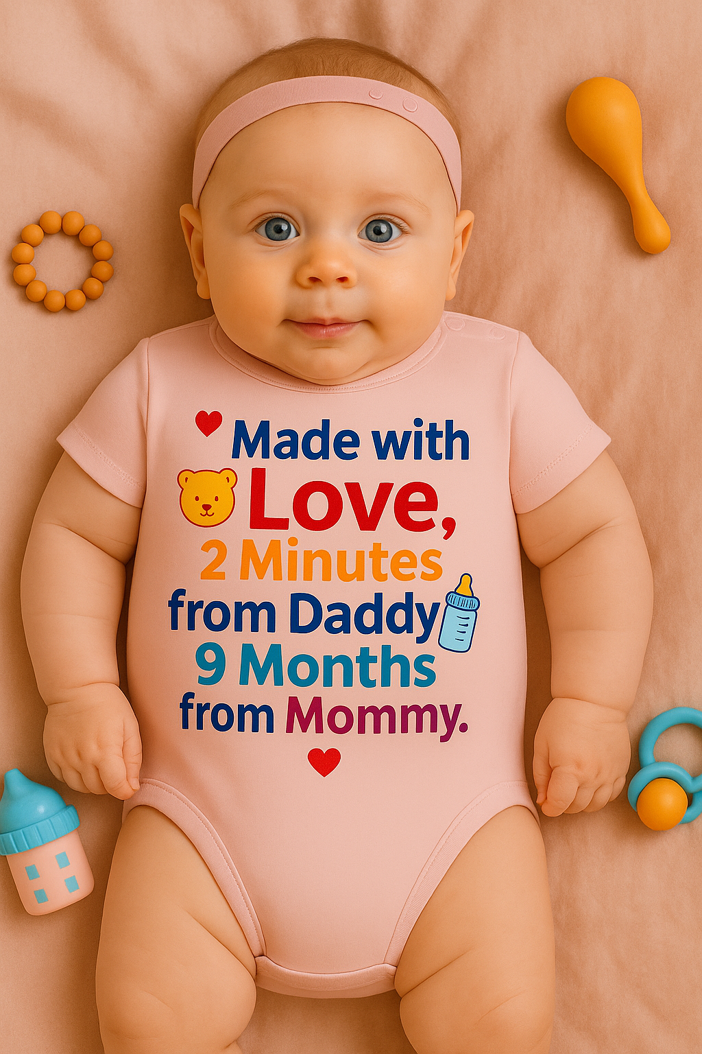 Baby Bodysuit “Made with love. 2 minutes from Daddy, 9 months from Mommy.” – Cute 100% Cotton Romper