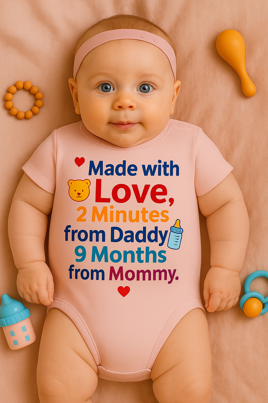Baby Bodysuit “Made with love. 2 minutes from Daddy, 9 months from Mommy.” – Cute 100% Cotton Romper