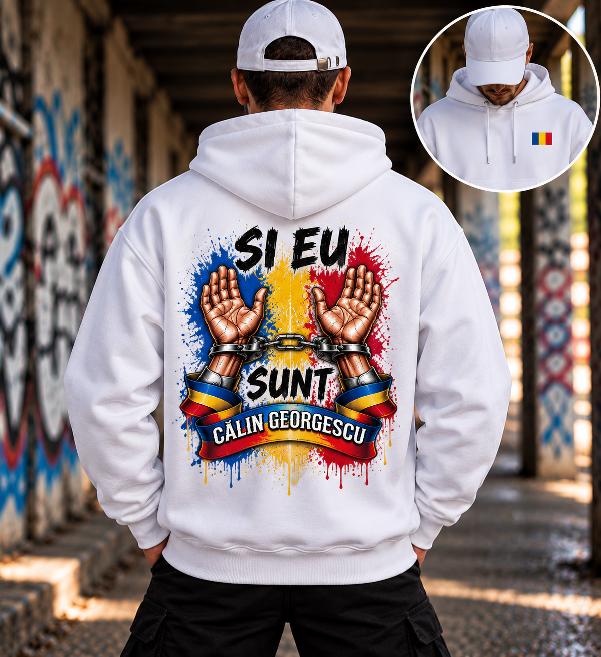 Hanorac „Și Eu Sunt Călin Georgescu” Alb | Design Tricolor România | Streetwear Românesc