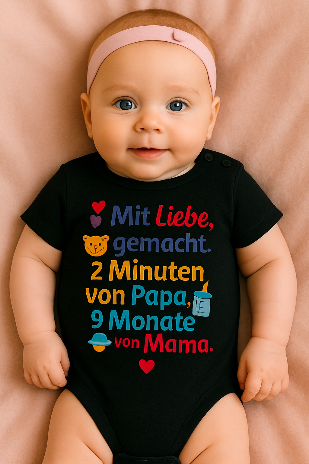 Babybody „Mit Liebe, gemacht. 2 Minuten von Papa, 9 Monate von Mama.” – Süßer Strampler aus 100% Baumwolle