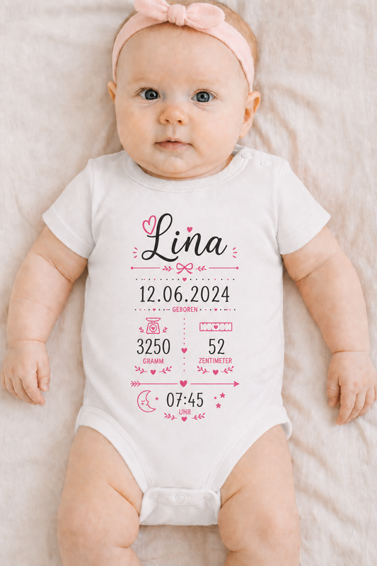 Personalisierter Babybody mit Geburtsdaten, Name und liebevollem Design