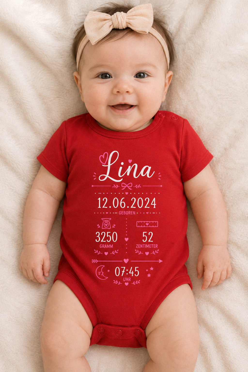 Personalisierter Babybody mit Geburtsdaten, Name und liebevollem Design