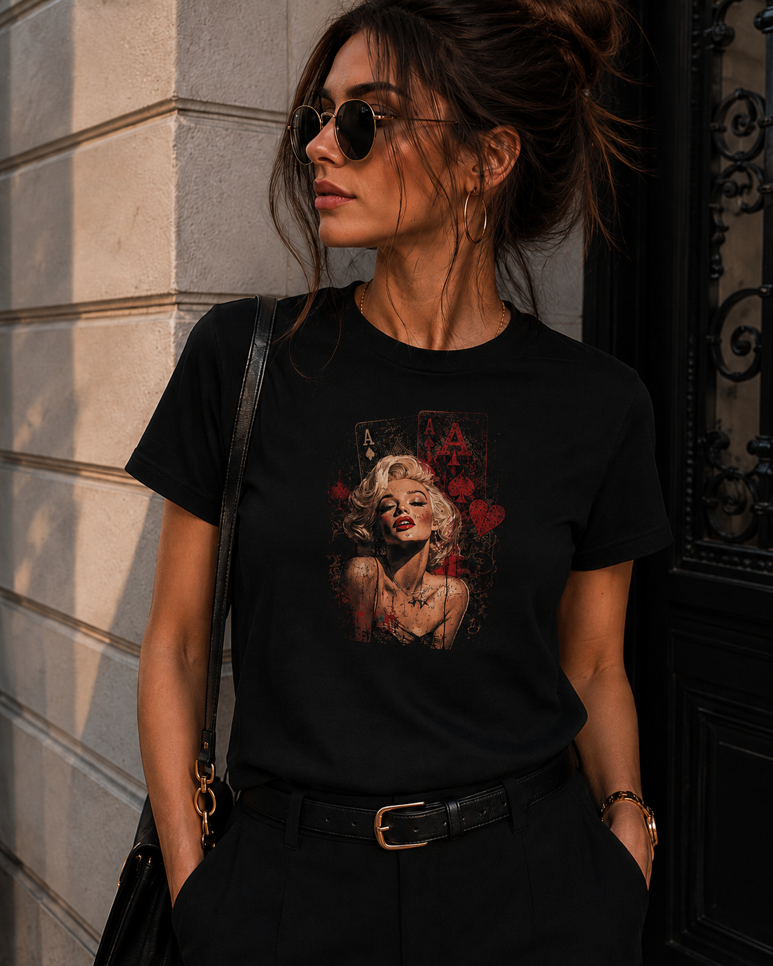Damen-T-Shirt mit Vintage-Porträt und Spielkarten-Design – Stylisches Shirt aus 100 % Baumwolle