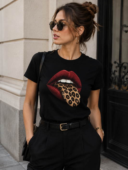 Damen-T-Shirt mit Lippen- und Leopardenmuster – Stylisches Shirt aus 100 % Baumwolle