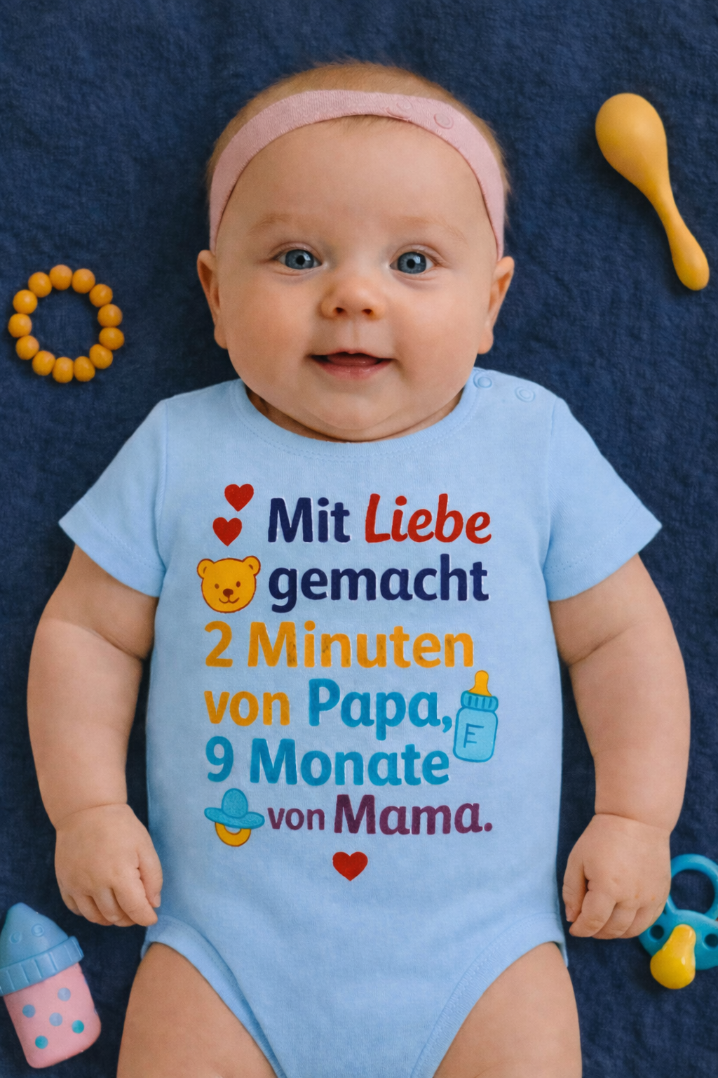 Babybody „Mit Liebe, gemacht. 2 Minuten von Papa, 9 Monate von Mama.” – Süßer Strampler aus 100% Baumwolle