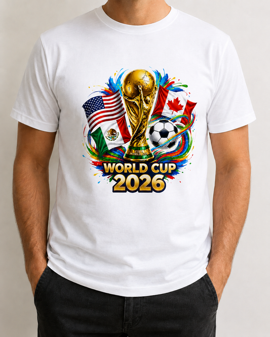 World Cup 2026 T-Shirt aus 100 % Baumwolle mit Pokal, Fußball und Flaggen USA, Mexiko, Kanada