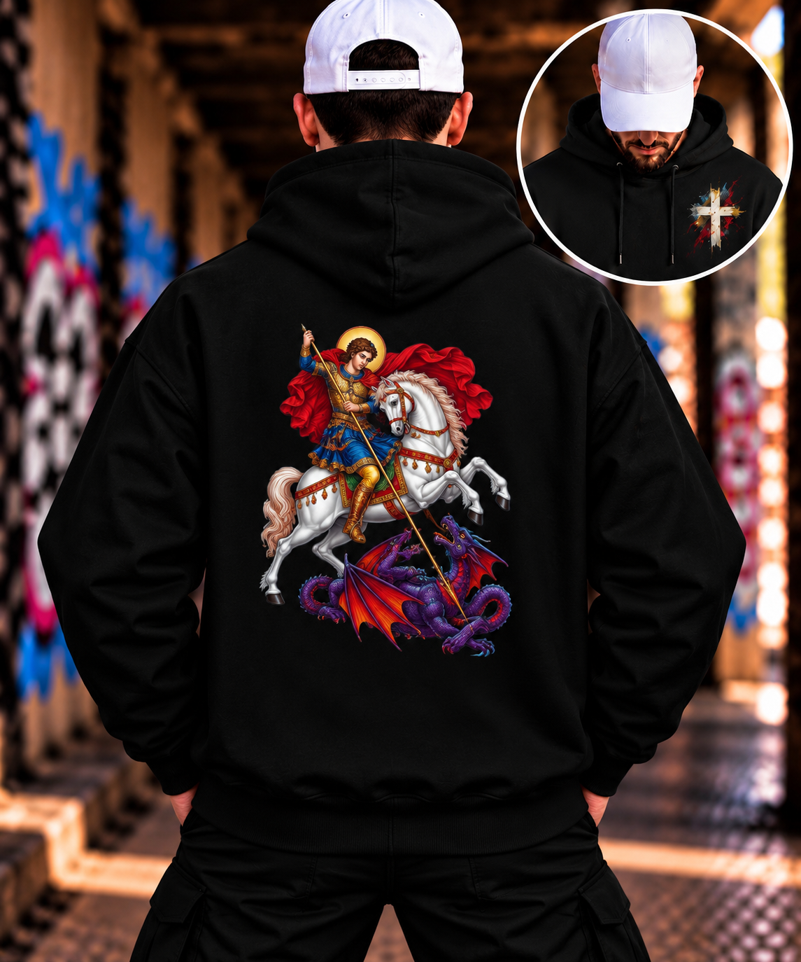 Hoodie Heiliger Georg mit Drachen | Christliches Motiv mit Kreuz