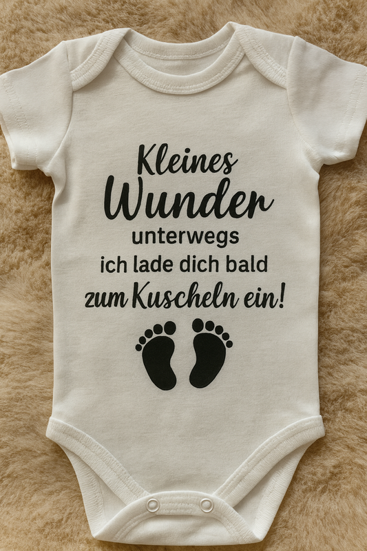 Babybody  “ Kleines Wunder unterwegs ich lade dich bald zum Kuscheln ein!“ – Lustiger Babybody aus 100 % Baumwolle