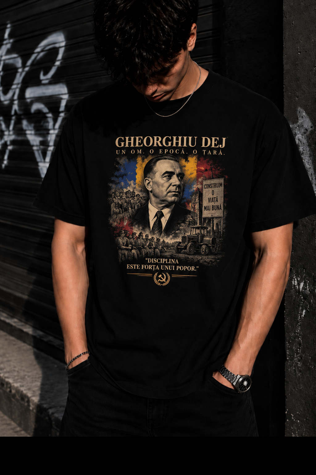 Tricou Gheorghiu-Dej „Un om. O epocă. O țară.” – 100% Bumbac, Regular sau Oversize