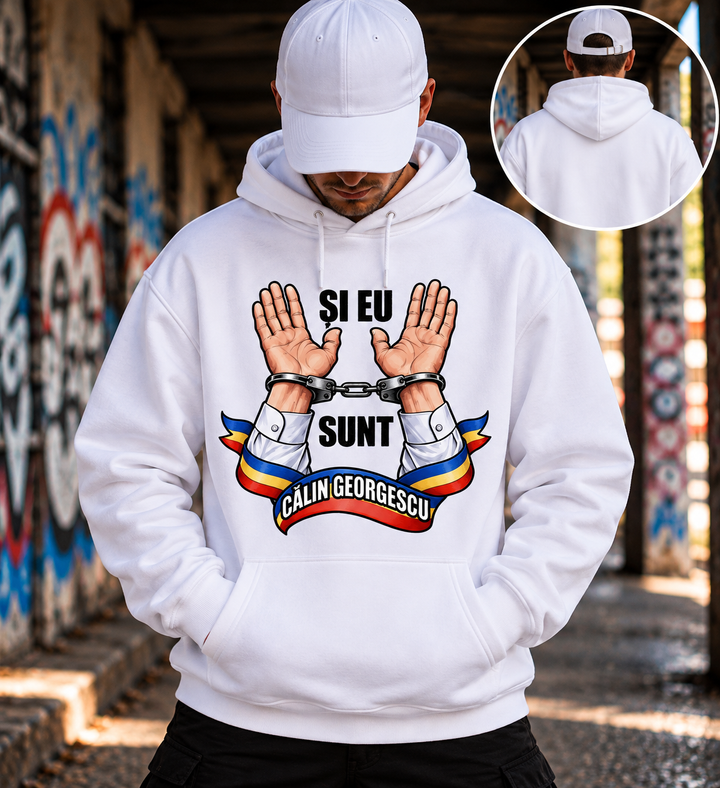 Hanorac „Și Eu Sunt Călin Georgescu" cu Glugă – Alb și Negru