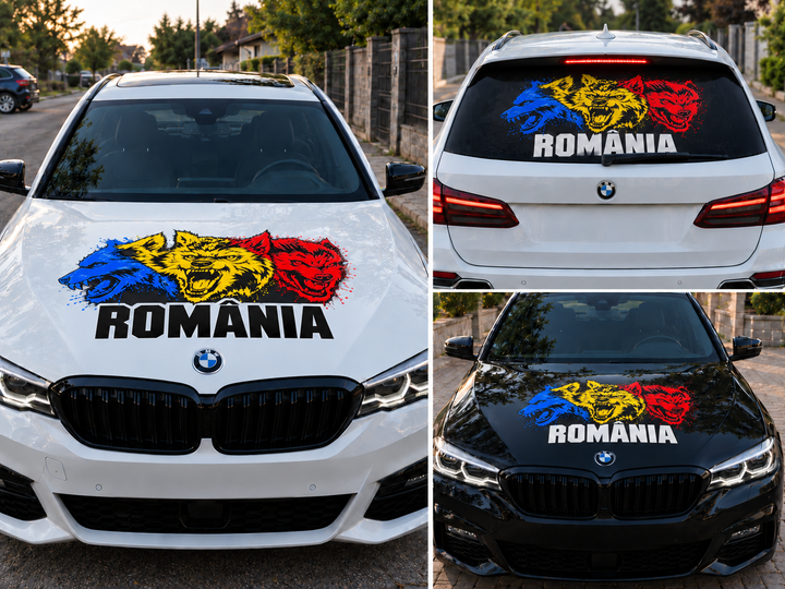 Sticker auto România cu lupi în culorile tricolorului | Folie Standard, Perforata sau Cast