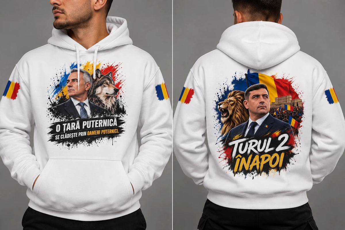 Hanorac alb Călin Georgescu față și George Simion spate, design tricolor